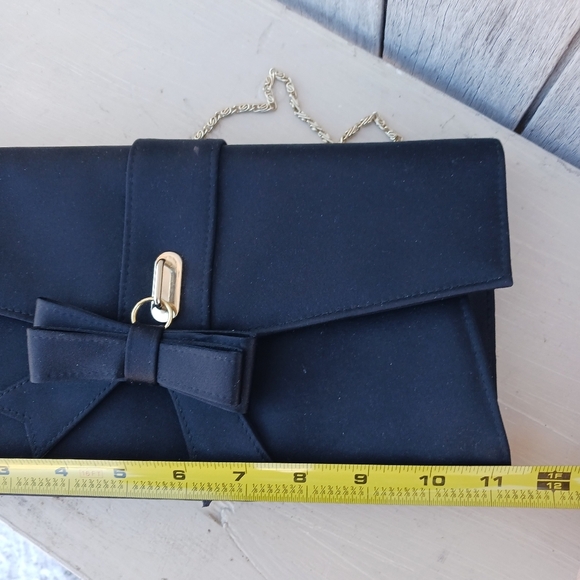 Kate Landry Evening Clutch Black Bow Envelope Snap Close Gold Chain Rope Strap - Picture 7 of 8